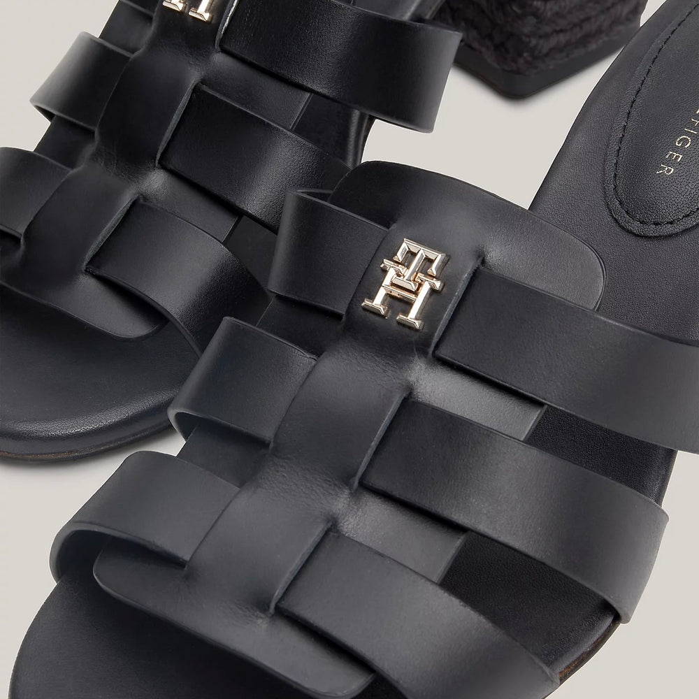 TOMMY HILFIGER - ROPE BLOCK HEEL CAGE LEATHER SANDALS