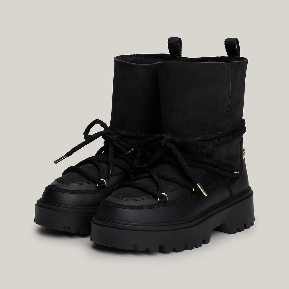 TOMMY HILFIGER-SHEARLING LEATHER LACE-UP SNOW BOOTS