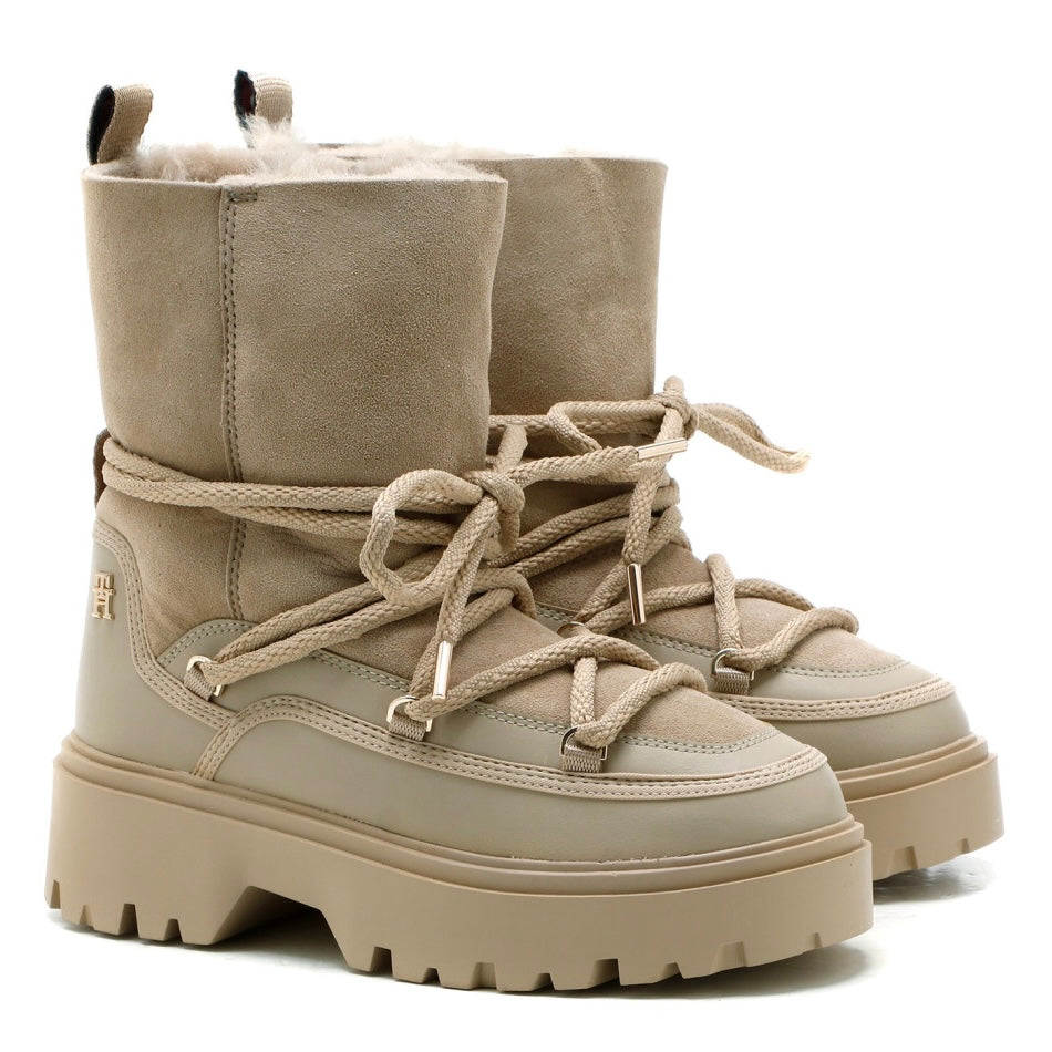 TOMMY HILFIGER-SHEARLING LEATHER LACE-UP SNOW BOOTS